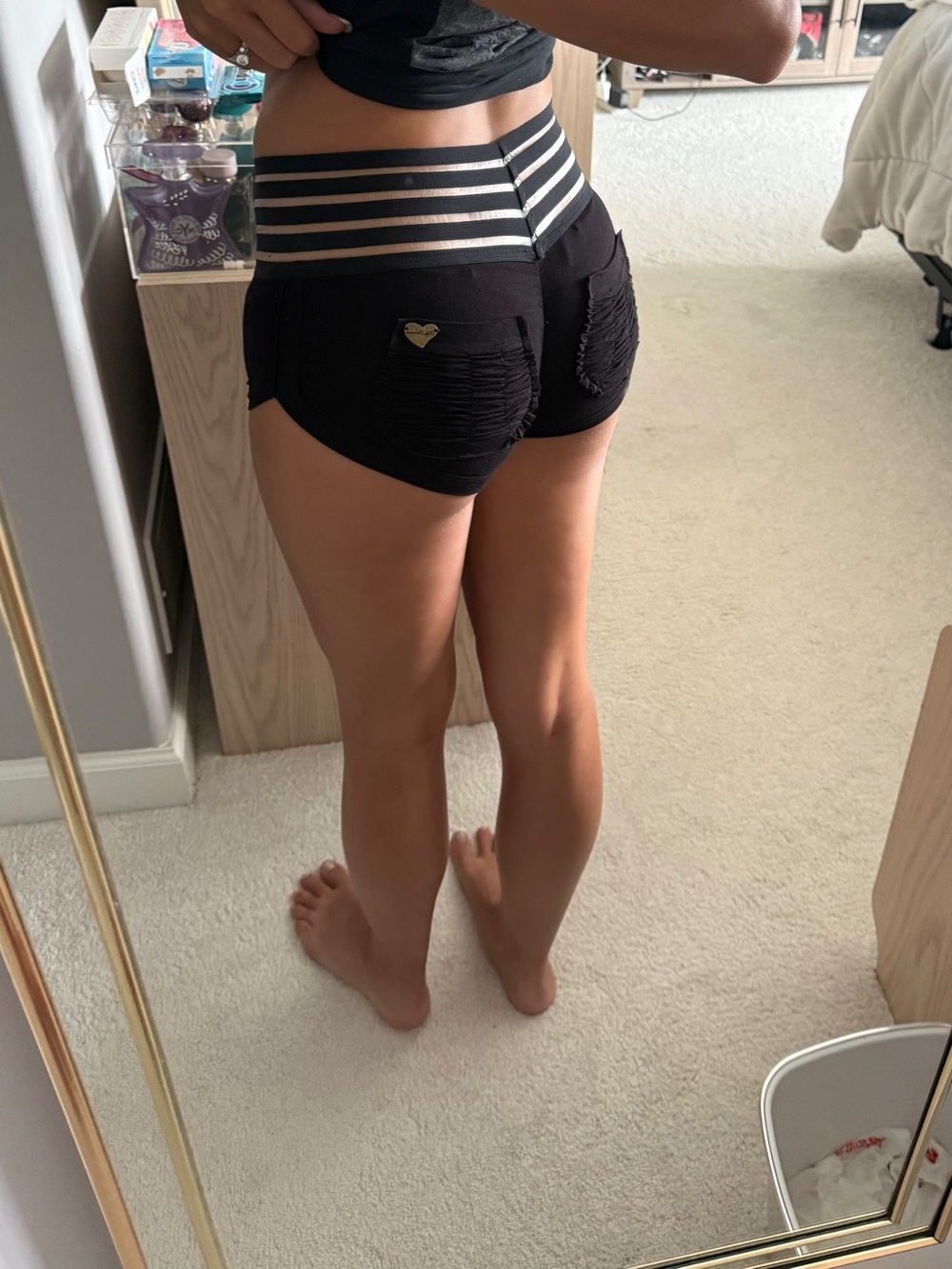 High-Waist Black Shorts with Striped Elastic Waistband and Heart Detail